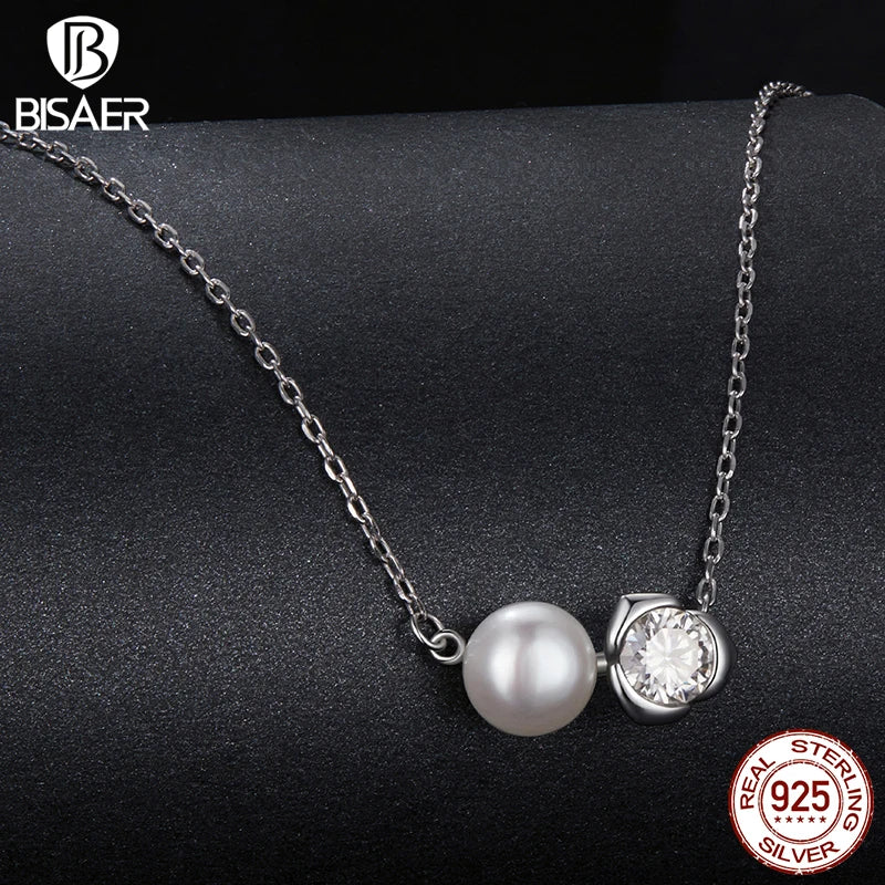 Collier BISAER Moissanite Rose en Argent Sterling 925 Chaîne de Perles Plaqué Or Blanc Coupe Diamant Cultivé en Laboratoire Mariage Bijoux Fins
