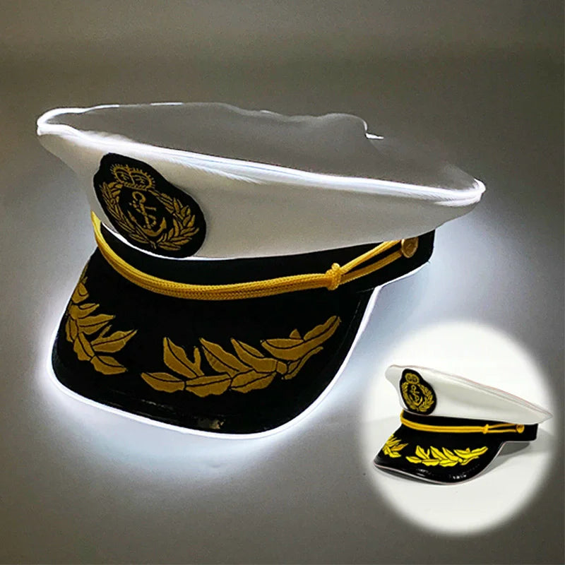 New Luminous White Sailor Captain Yacht Caps Wheat Embroidery LED Glow Navy Marine Hat Men Women Cosplay Halloween Costume Hats