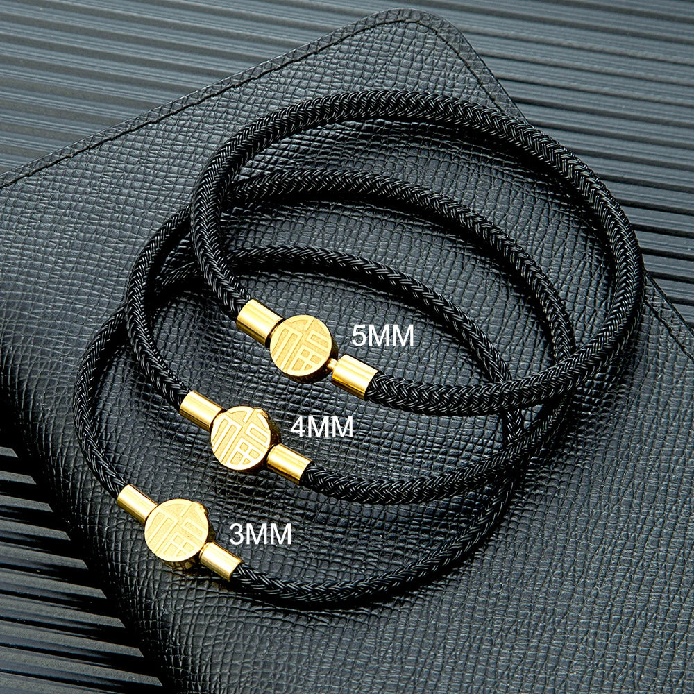 MKENDN 3-4-5mm Black Braided Non-fading Steel Wire Rope Bracelet Men Women Stainless Steel Button Jewelry Unisex Couple Gift