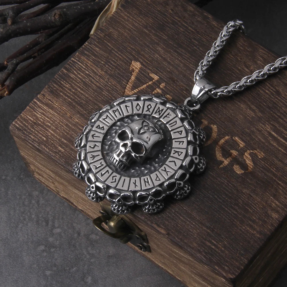Valknut Skull Warrior Pendant Chain Necklace with Viking Wooden Box