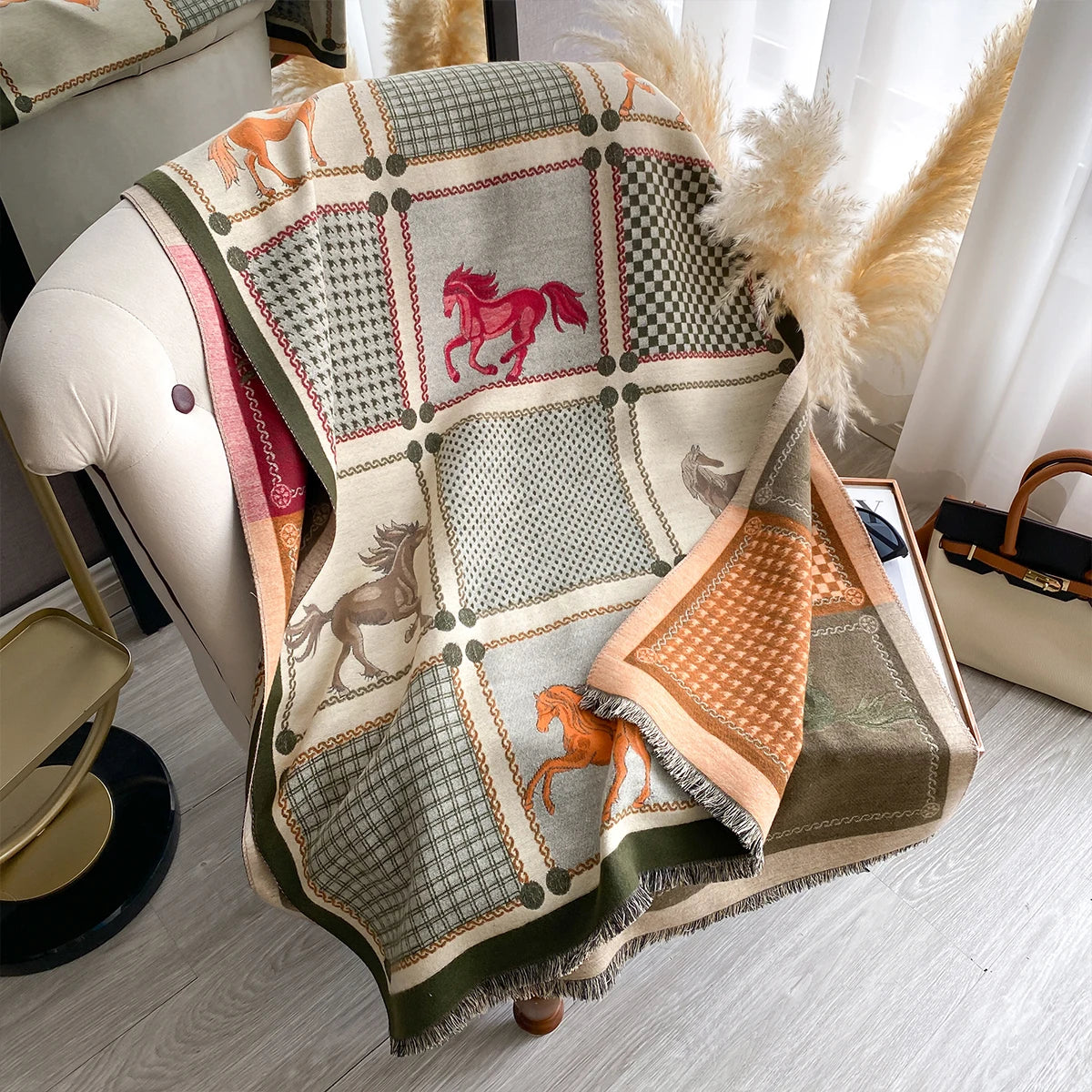 New Women Imitation Cashmere Two Sided Horse Print Scarf Soft Warm Pashmina Shawl Autumn Winter Coldproof Windproof Blanket