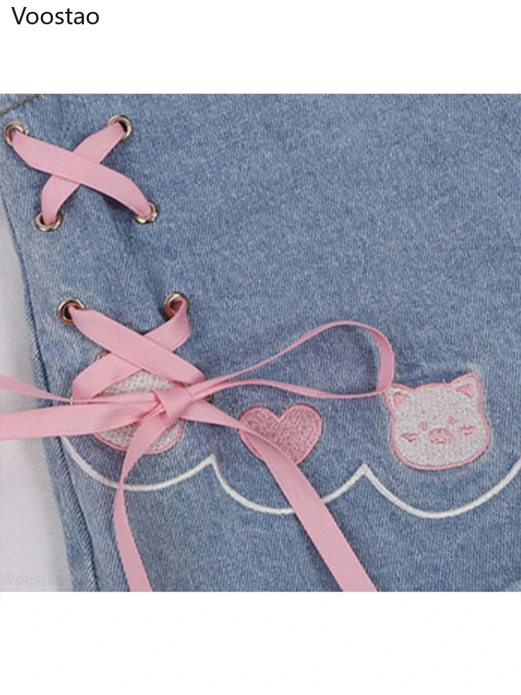 Summer Harajuku Lolita Style Denim Shorts Girly Sweet Cute Cartoon Piggy Embroidery Bow Bandage Short Pants Women Kawaii Jeans