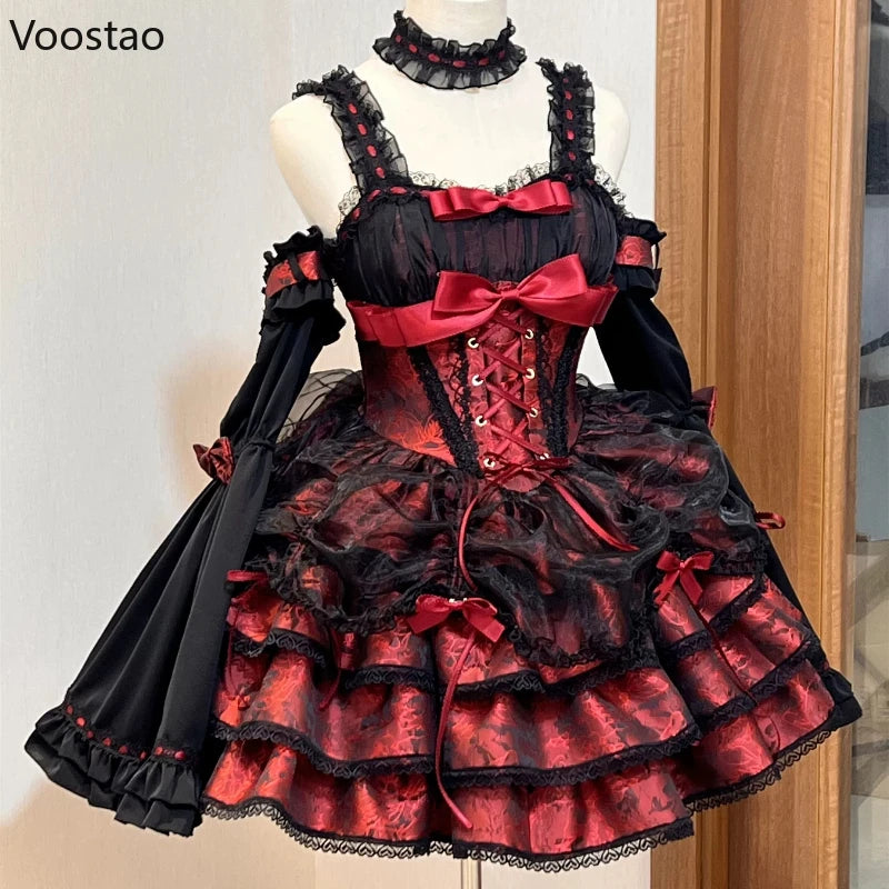 Japanese Gothic Lolita Jsk Dress Women Harajuku Y2k Bow Lace Ruffles Evening Party Mini Dresses Punk Kawaii Black Red Vestidos