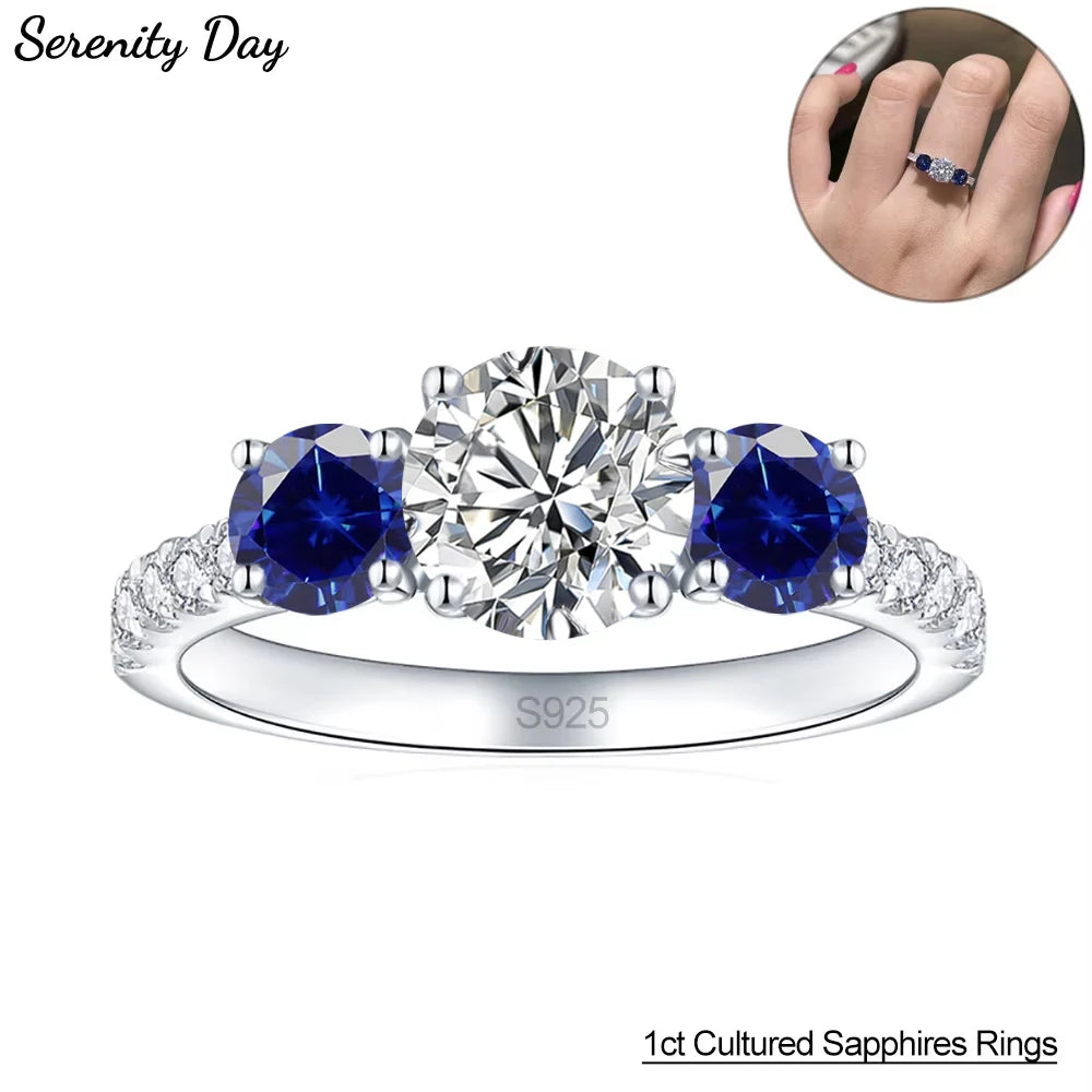 Serenity Lab Cultured Sapphires Diamond Row Rings Women Gift Solid 925 Silver 1.25ct D Color Moissanite Rings Plated 18K Jewelry - Madeinsea©