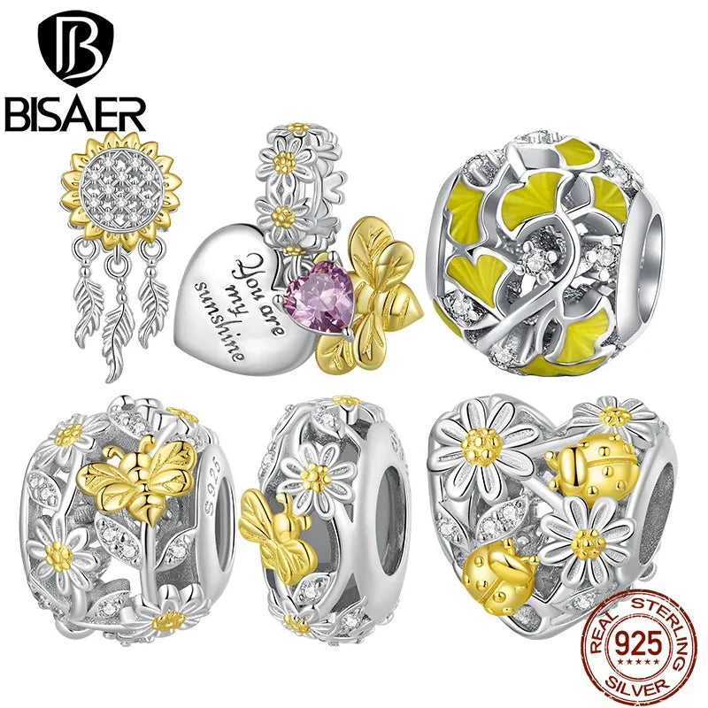 BISAER 925 Sterling Silver Sunflower Dream Charm Bead Daisy Bee Pendant Safety Chain Plated Gold Fit Girl Bracelet Fine Jewelry