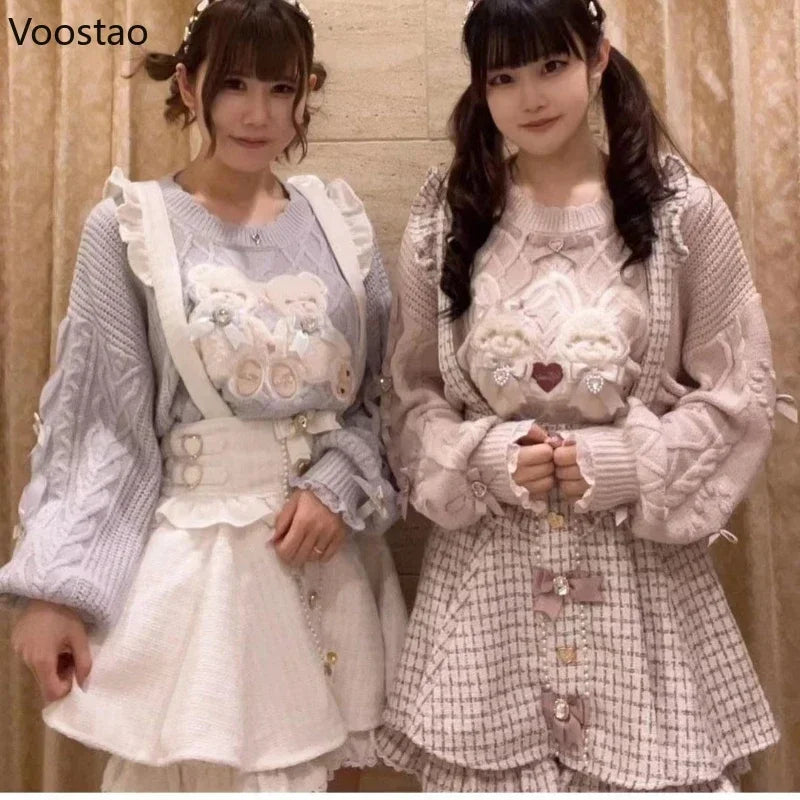 Sweet Lolita Cartoon Plush Bear Bunny Knitted Pullovers Women Harajuku Bow Pearl Ribbon Sweaters Japanese Girls Knitwear Tops - Madeinsea©