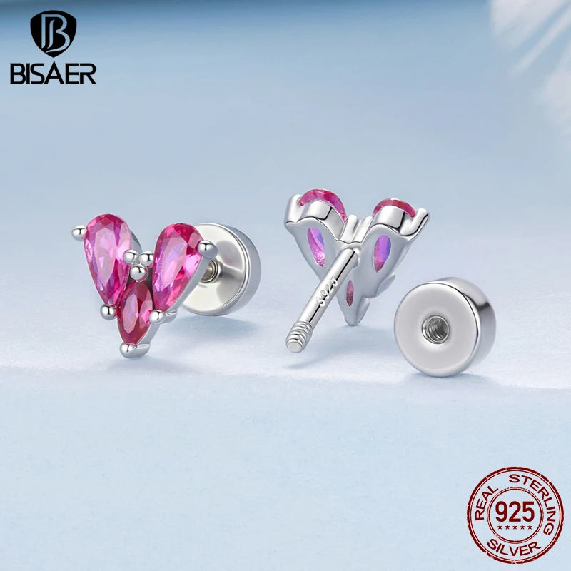 BISAER Real 925 Sterling Silver Zircon Heart Stud Earrings Classic Hypoallergenic Earrings for Women & Girls Party Fine Jewelry