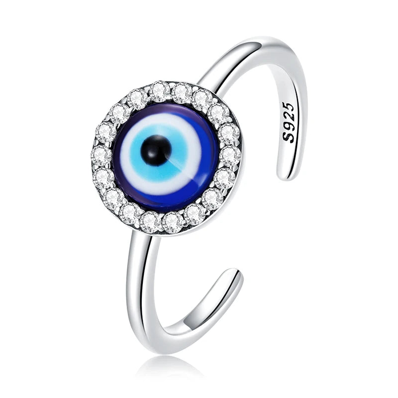 BISAER 925 Sterling Sliver Blue Evil Eye Open Ring Resin Eternity Band Adjustable Lucky Protection For Women Party Jewelry Fine