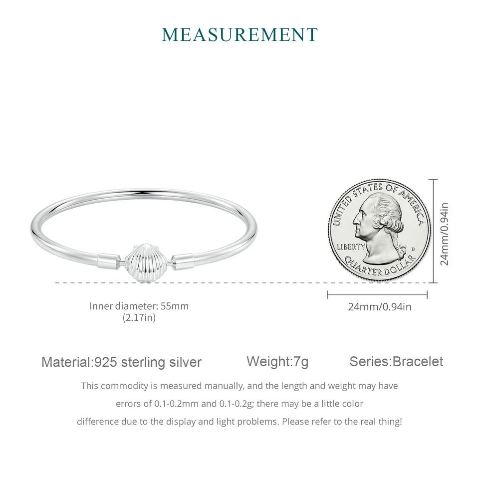 BISAER 925 Sterling Silver Sea-Shell Basic Bracelet Shell Buckle Bangle Plated White Gold for Women Charm Bead DIY Fine Jewelry