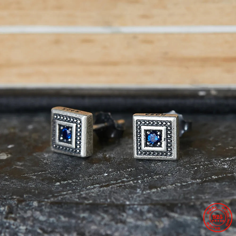 MKENDN Gothic Style 925 Sterling Silver Retro Square Blue Zircon Stud Earrings For Men Women Personality Punk Rock Ear Jewelry