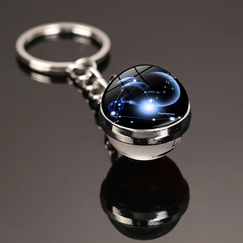 New Starry Sky Twelve Constellations Keychain Time Gemstone Double Sided Glass Ball Metal Keyring Bag Decoration Metal Keyholder