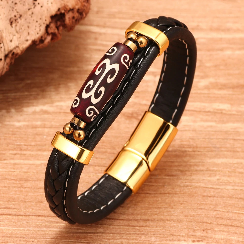 MKENDN Charm Herrenarmband, tibetischer Buddhismus, neunäugiges Dzi-Perlenarmband, Lederarmband, Edelstahl-Accessoires, Glücksarmband