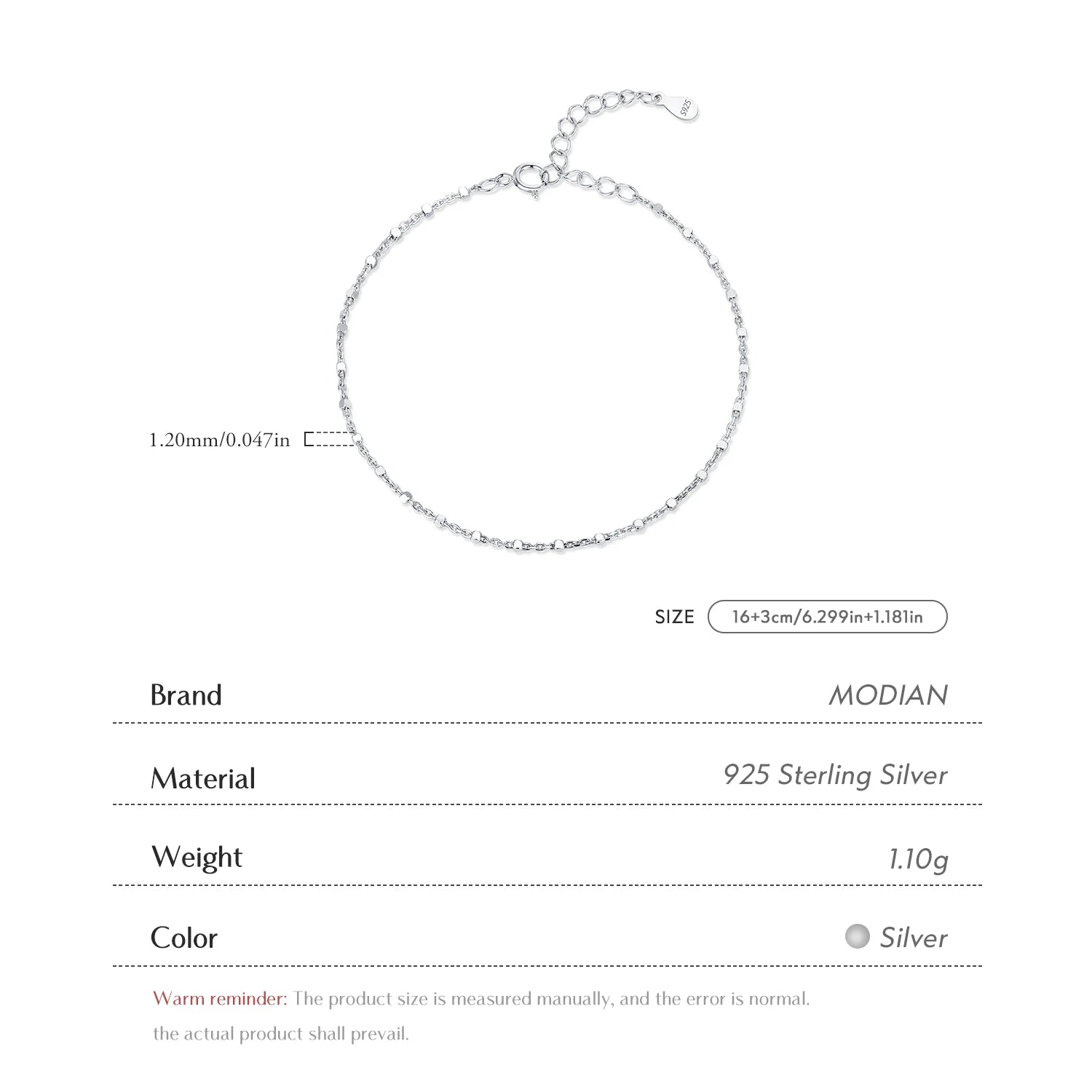 MODIAN 925 Sterling Silver Fashion Simple Geometric Beads Link Chain Charm Bracelets For Women Daily Office Fine Jewelry