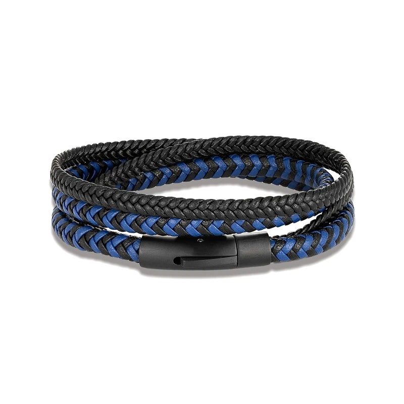 Simple Style Men Double Layer Leather Bracelet Matte Black Stainless Steel Button Accessories Hand-woven Jewelry Gifts