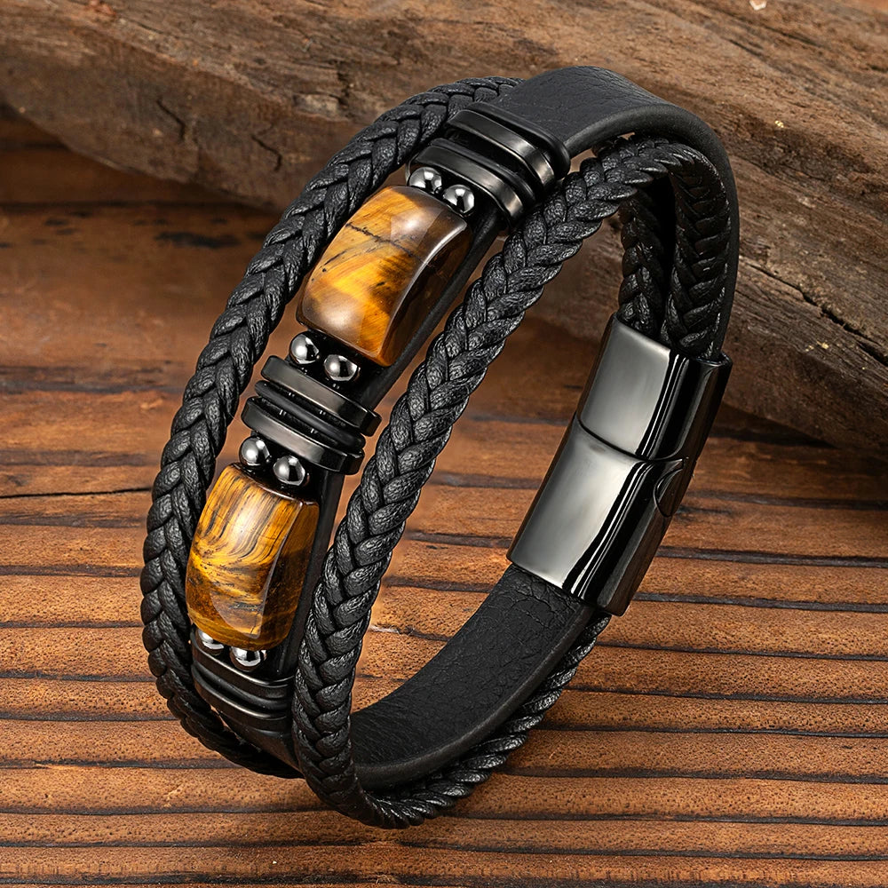 MKENDN Natural Tiger Eye Stone Men Bracelet Handmade MultiLayer Braided Leather Bangles Black Stainless Steel Jewelry