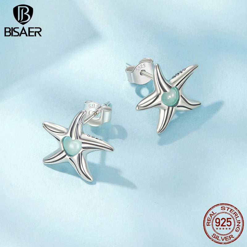 BISAER 925 Sterling Silver Starfish Stud Earrings Heart Glass Marine Animals Stud Ear for Women Party Fine Jewelry Holiday Gift