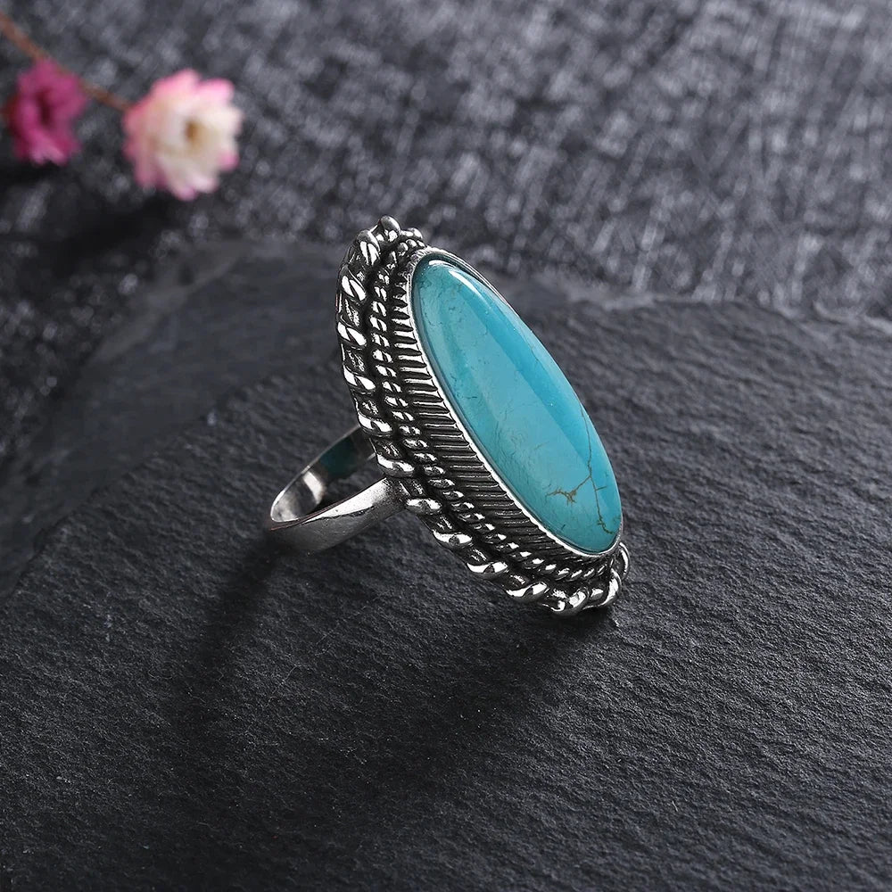 Vintage Sterling Silver 925 Big Stone 11*25mm Natural Turquoise Ring Retro Design Fine Jewelry Gifts Finger Ring For Women