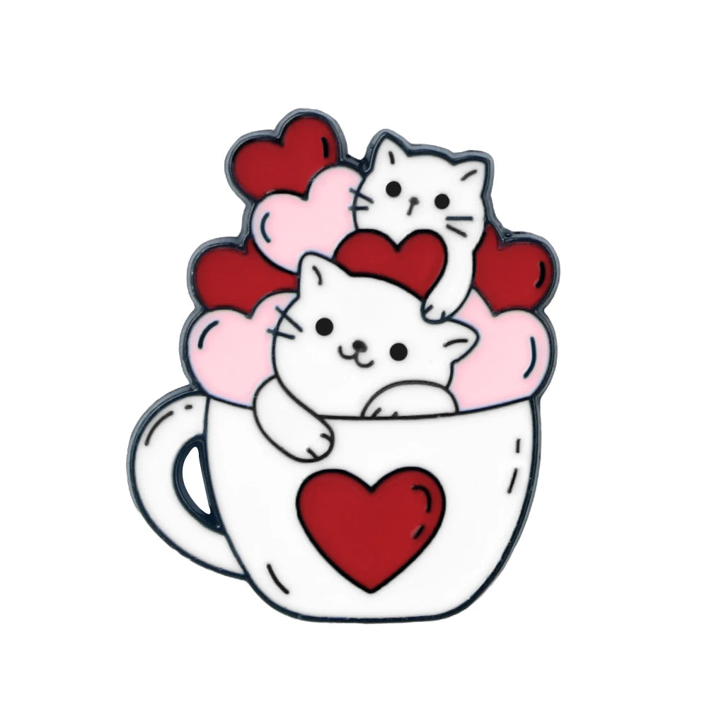 New Wink Cat With Red Heart Shape Brooch Cute Cup Kitty Enamel Pins Cat Lover Collection Badges Jewelry Gift for Friend