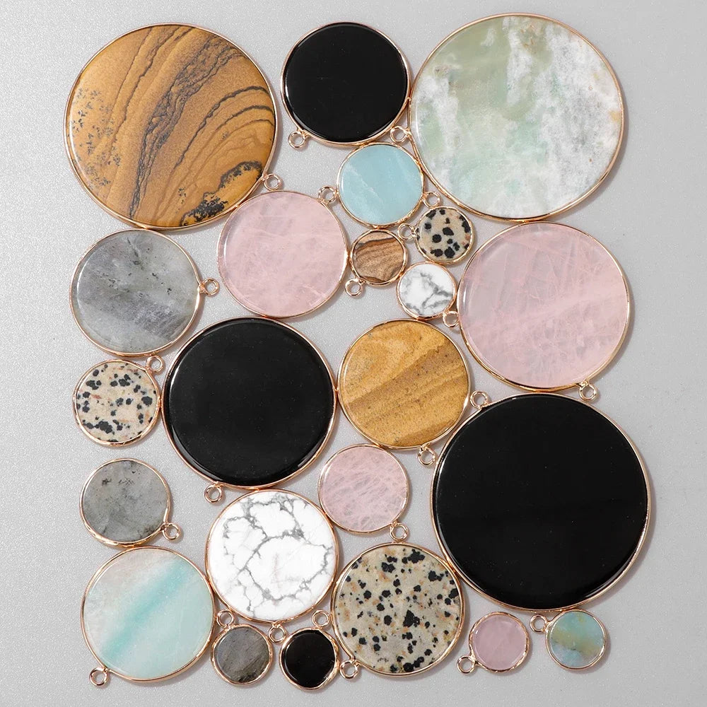 2PCS Round Slice Gems Stone Pendant Natural Amazonite Obsidian Quartzs Charm Fit Jewelry Making DIY Earrings Necklace Bracelet