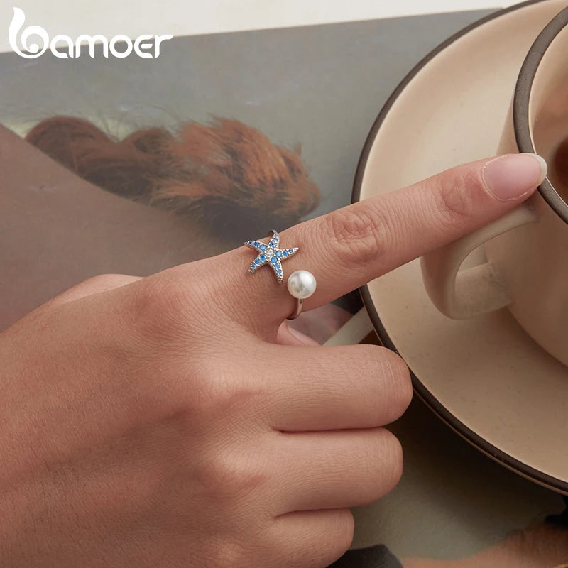 BAMOER 925 Sterling Silber Seestern-Perlenring, Stapelring, niedliche Tiermotive, verstellbarer offener Ring, Geburtstagsgeschenk