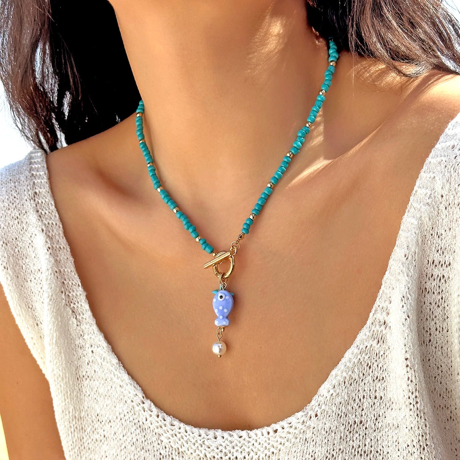 Charm Ceramic Cartoon Fish Pendant Necklace For Women Girls Colorful Rice Beads Starfish OT Buckle Choker Beach Party Jewelry