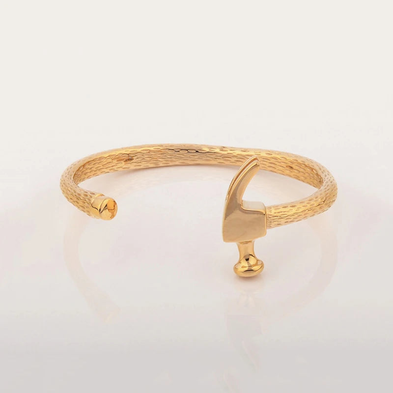 MKENDN 18K Gold Plated Horseshoe Cuff Bangle for Men Stainless Steel Feather Screw Design Fashion Hip Hop Jewelry Bracelet