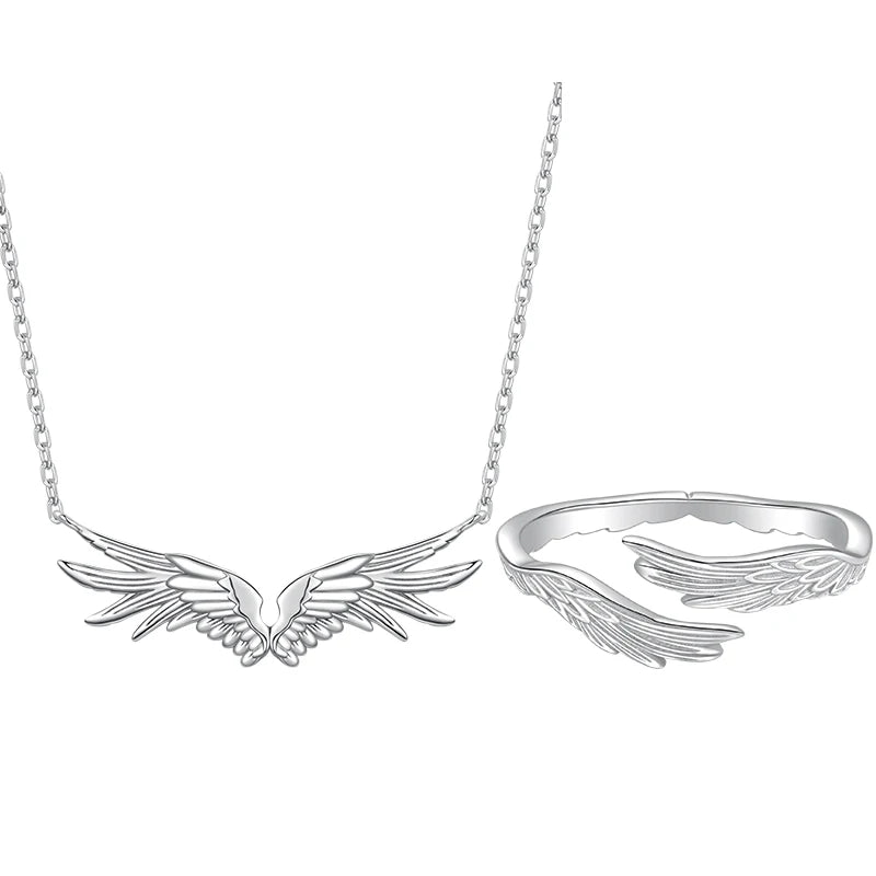 Bamoer 925 Sterling Silver Angel Wings Jewelry Set Vintage Feather Open Ring O-chain Link Necklace for Women Guardian Gift