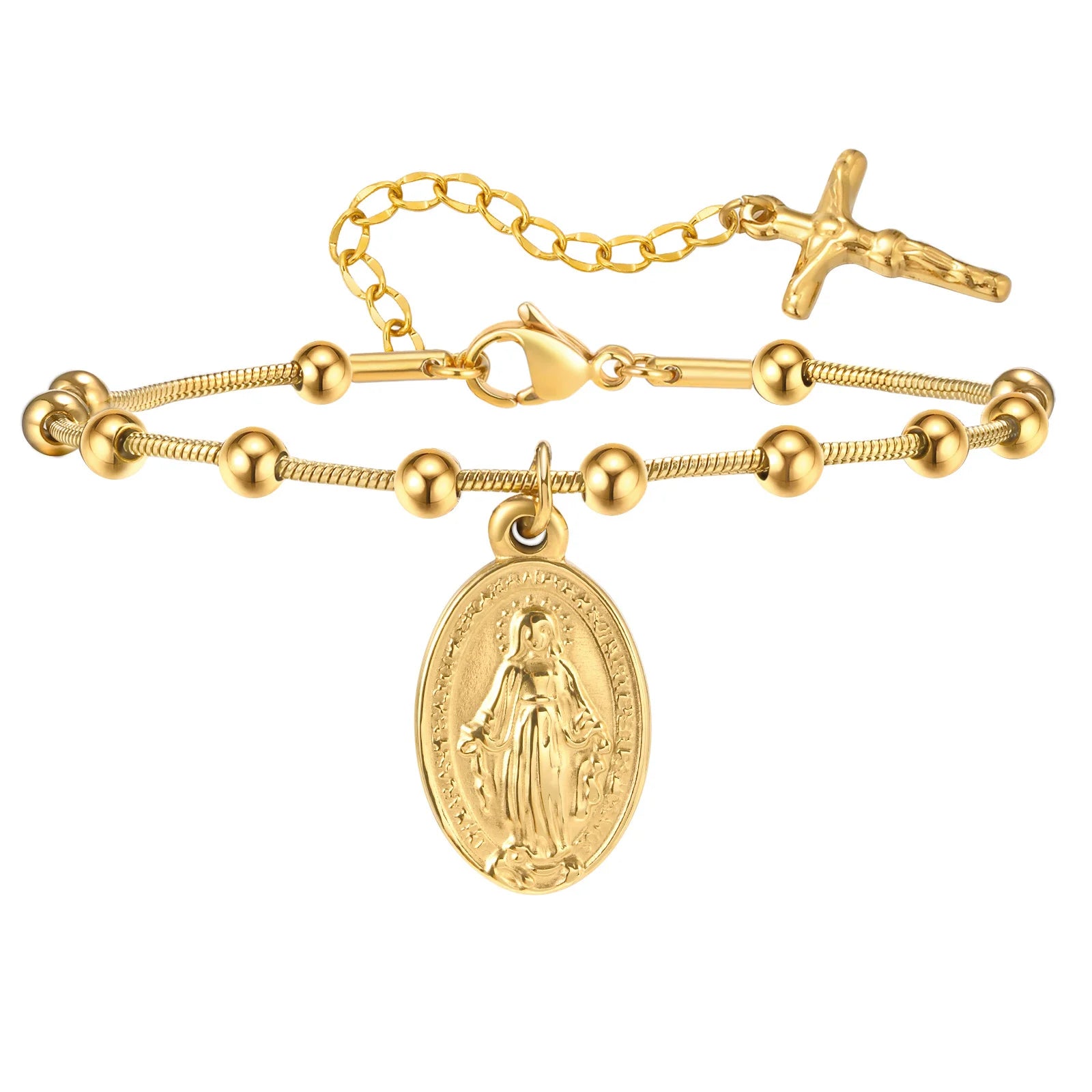 Vnox Rosary Bracelet for Women Girls, Gold Plated Stainless Steel Religious Cross and Virgin Mary Prayer Bracelets Gifts
