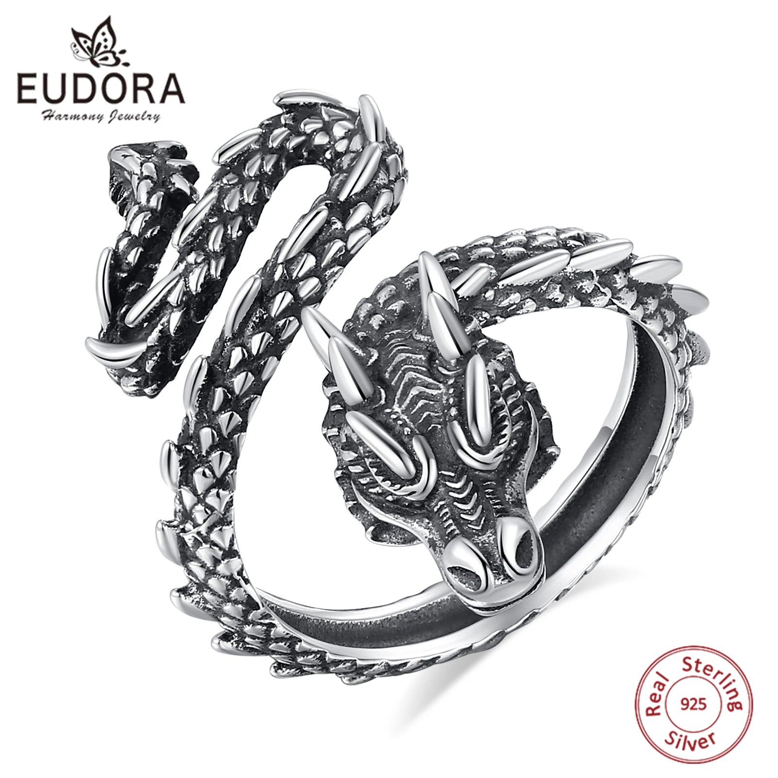 Bague ajustable Eudora en argent sterling 925 avec dragon pour homme et femme, style vintage gothique, serpent, dragon, bijoux, cadeau de fête