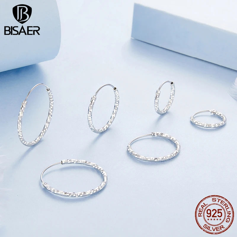 BISAER 925 Sterling Silver Frost Classic Circle Big Hoop Earrings Hypoallergenic Trendy for European Style Woman Fine Jewelry