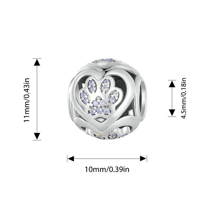 Bamoer 925 Sterling Silver Paw Print Silicone Beads Retro Pet Heart Charm for Women Teen DIY Lovely Bracelet Jewelry Accessories
