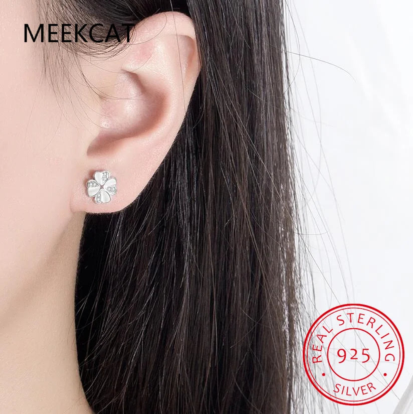 Real 925 Sterling Silver Zircon Clover Stud Earrings For Women Cute Fine Jewelry Minimalist Accessories