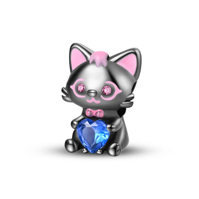 New 925 Silver Pink Rabbit Bear Cat Dog Animal Charms Beads Fit 3mm 925 Original Bracelets Fine DIY Birthday Jewelry