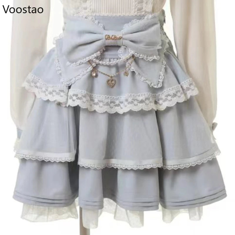 Japanese Sweet Lolita Style Mini Skirt Women Elegant Bow Pearl Chain Party Cake Skirts Female Gothic Y2k Lace Ruffle Short Skirt