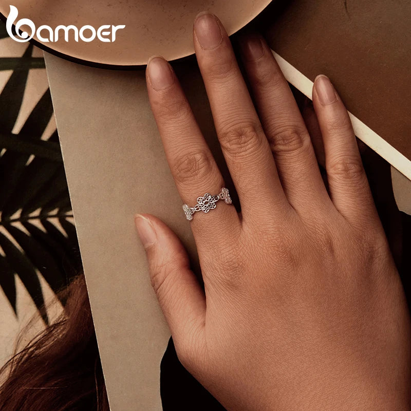 BAMOER 925 Sterling Silber Spitzenblumenring, verstellbar, zierlich, offener Daumenring für Damen, SBSR660-E