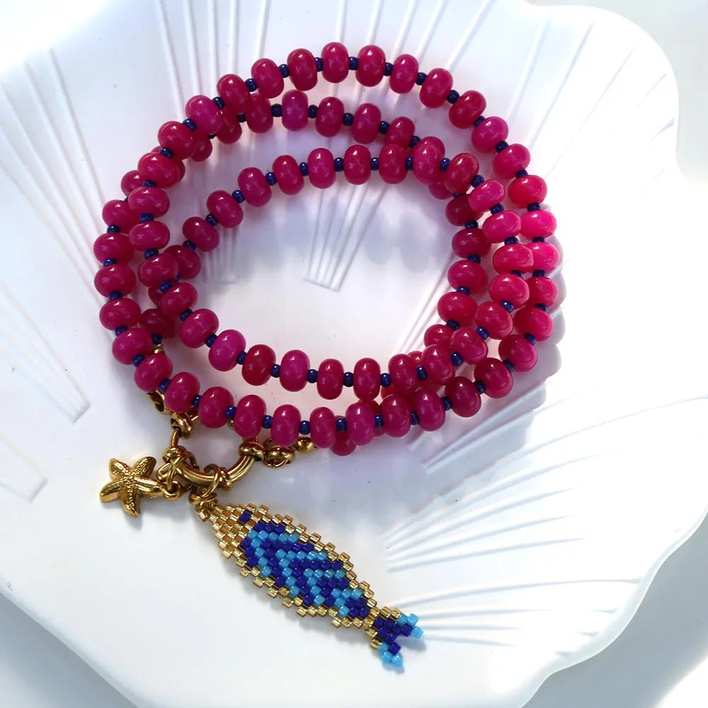 Bohemian Ocean Series hand-woven colorful fish pendant elegant and grand natural stone beaded necklace for girl go to beach