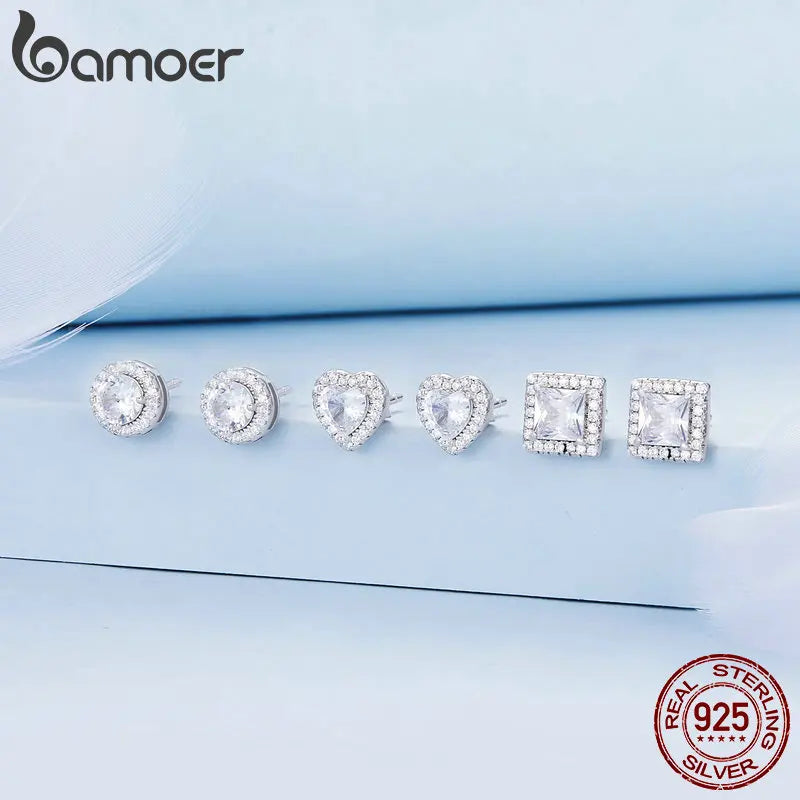 BAMOER Vergoldete Halo CZ Ohrstecker 925 Sterling Silber Hypoallergen Klassisch Elegant Herz Ohrringe Schmuck BSE894