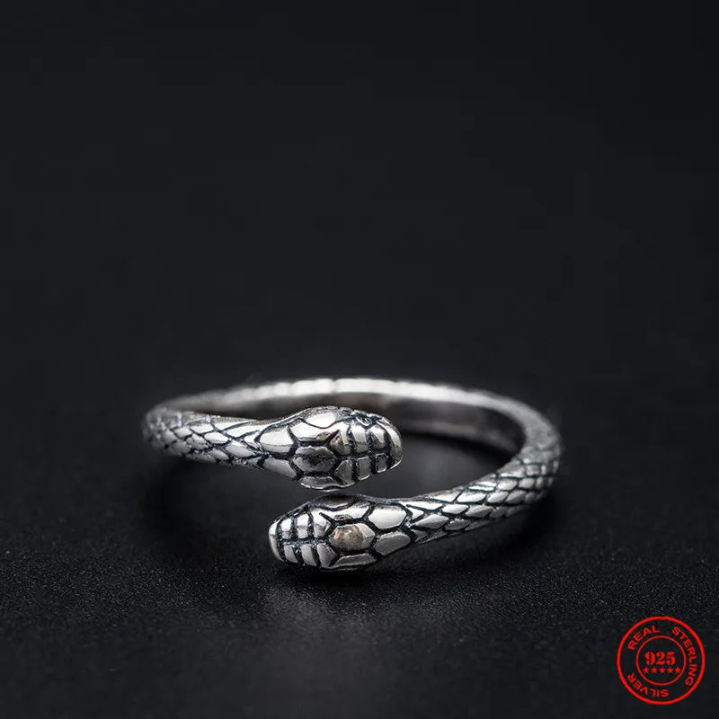 MKENDN Retro Punk Real 925 Sterling Silver Double Head Snake Ring Fashion Personality Stereoscopic Opening Adjustable Jewelry