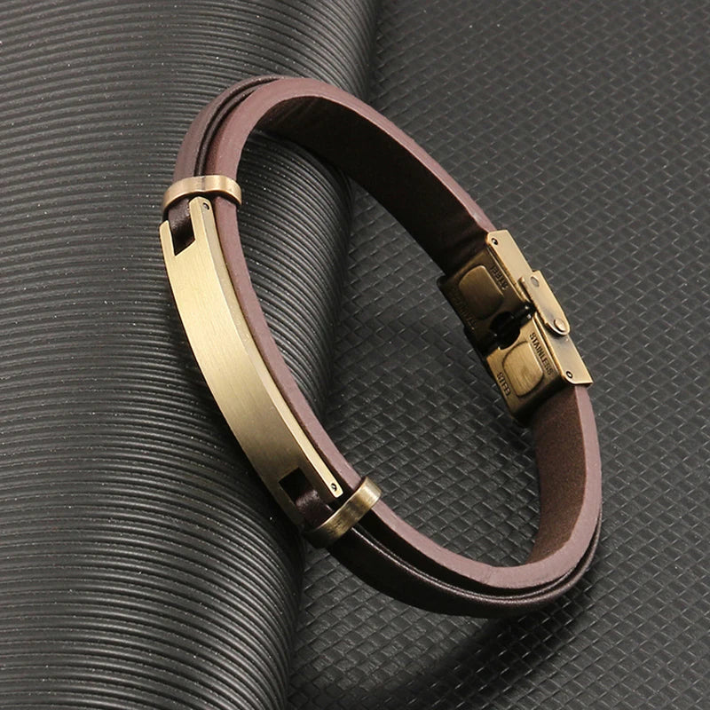 MKENDN Unique Brushed Stainless Steel Genuine Leather Bracelets for Men Women Layered Bangle Causal Pulseira Logo Name Gift