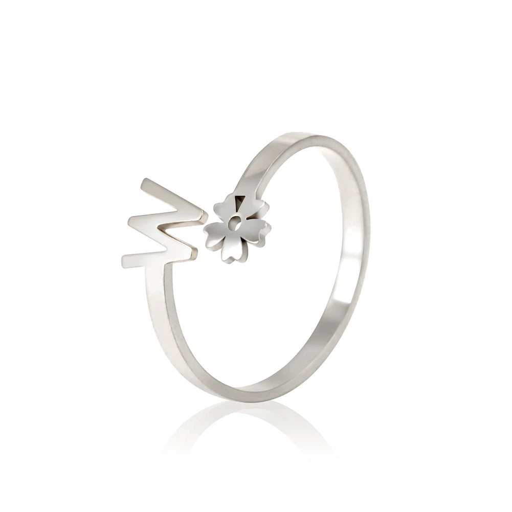 Stainless Steel Flower 26 Alphabet Open Ring for Women A-Z Initial Name Ring 2022 New Fashion Jewelry for Birthday Gift