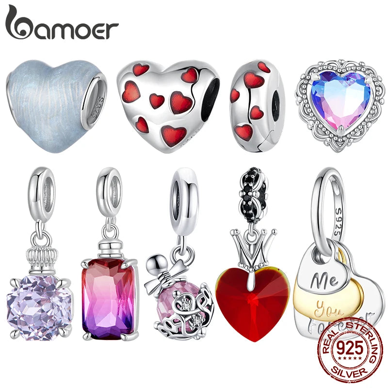 BAMOER 925 Sterling Silver Red Heart Charm Ombre Purple Perfume Bottle Pendant Original for Women DIY Necklace Romantic Gift