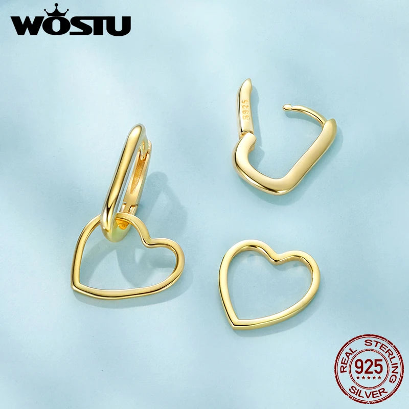 WOSTU Original 925 Sterling Silver Heart Drop Earrings U Hoop Plated gold Minimalist For Women Birthday Party Gift Fine Jewelry