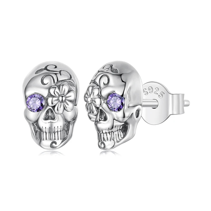 BAMOER 925 Sterling Silber Totenkopf- und Spinnenohrstecker für Damen, oxidierte Halloween-Ohrringe im Vintage-Stil mit Zirkonia