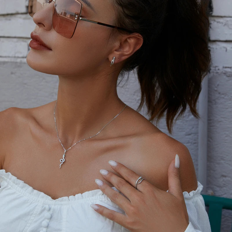 BISAER 925 Sterling Silver Snake Necklace Pendant Pave Setting Zircon Plated Platinum for Women Adjustable Chain Fine Jewelry