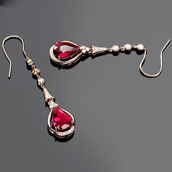 18K Rose Gold Natural Ruby Drop Earrings for Women Timeless Design Delicate Female Wedding Fine Jewelry Diamond Luxury Gift