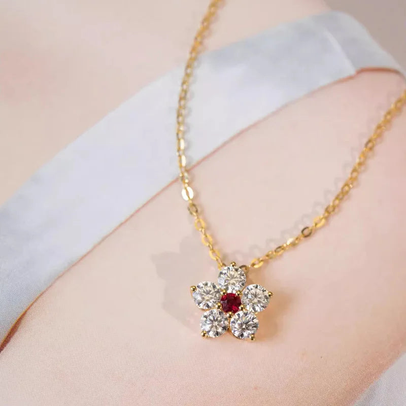 925 Sterling Silver Retro High Quality Flowers Pendant Necklace Red CZ For Women Birthday Gift Fine Jewelry
