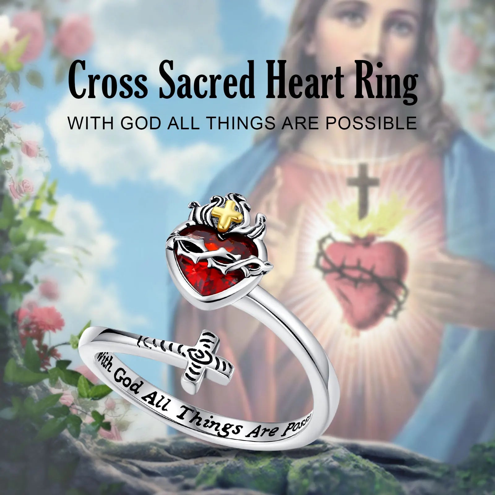Eudora 925 Sterling Silver Sacred Heart of Jesus Adjustable Ring Cross Ring God's Love Amulet Jewelry Christian Gift for Women