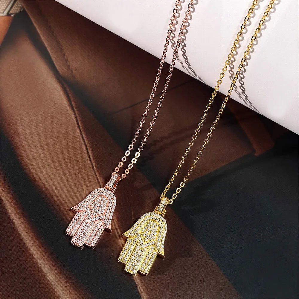 Serenity All Moissanite Necklace for Women Men Gift Hamsa Pendant Neck Chain Pure 925 Silver Hip Hop Jewelry 18K Plated Necklace
