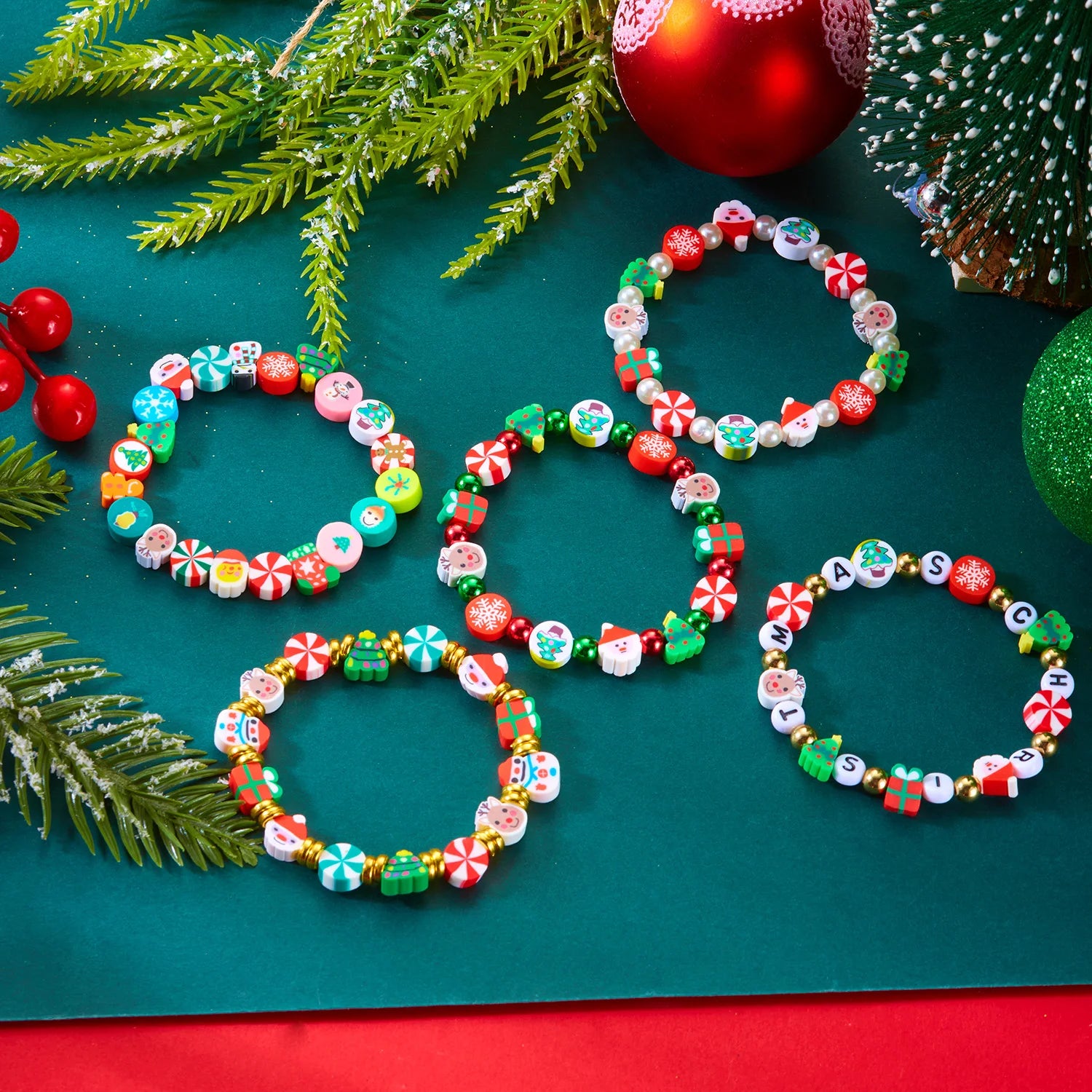 Christmas Colorful Polymer Clay Beaded Bracelets for Women Men Cute Santa Claus Xmas Tree Bracelet Party Aesthetics Jewelry Gift