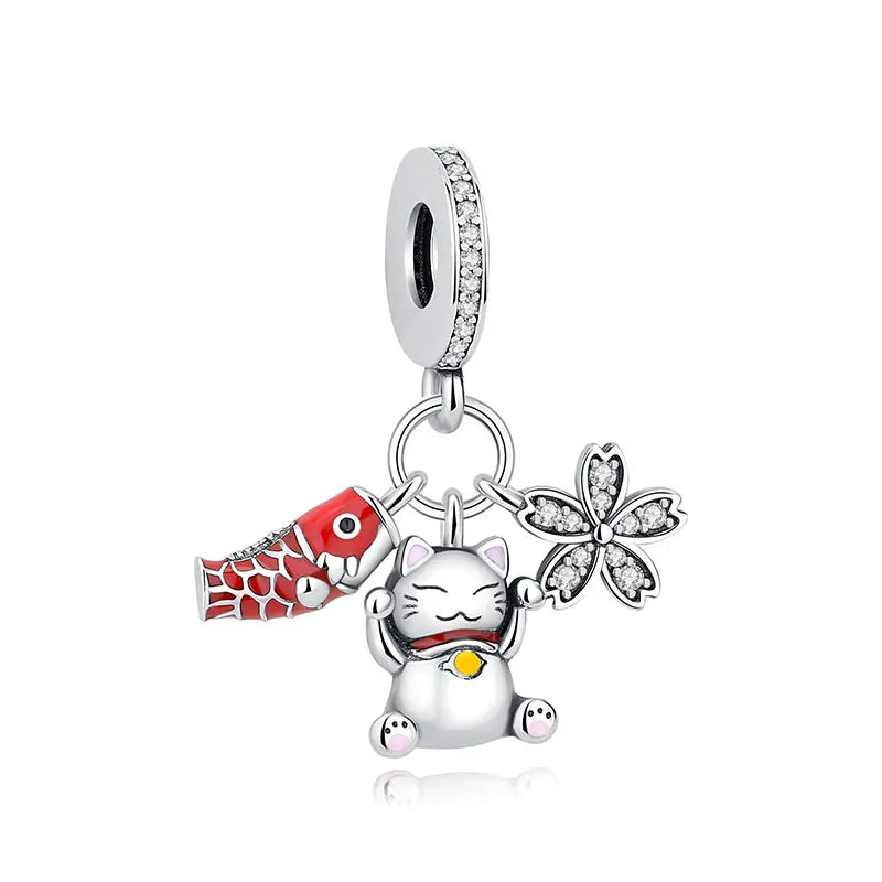 925 Sterling Silver Charms Beads Original Japanese Doll Fortune Cat Charm Fit Brand Bracelets Bangles DIY Jewelry For Women